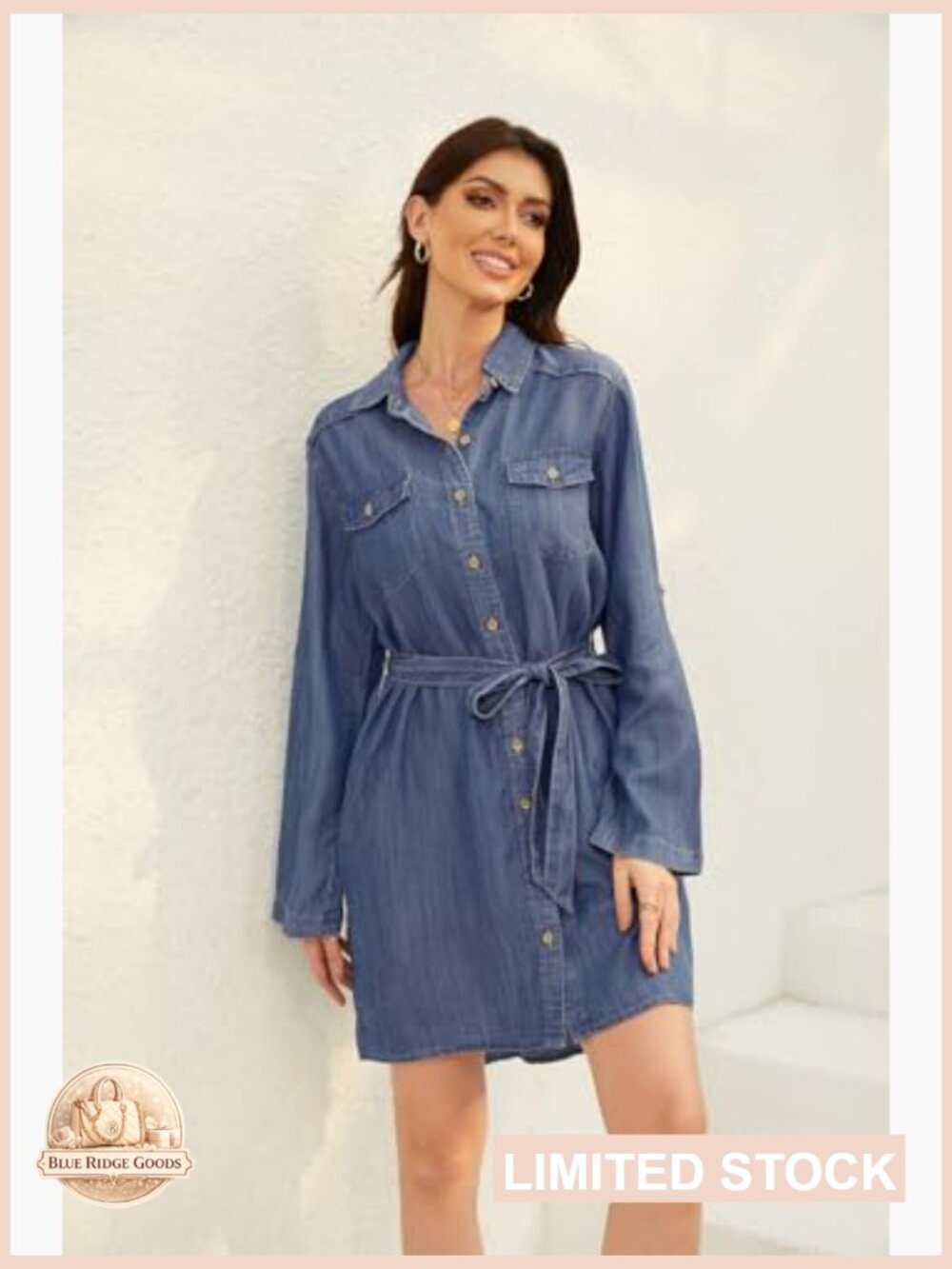 Denim Shirt Dress Casual Button Down Tie Waist Long Sleeve Midi Wrap Style - Picture 3 of 7